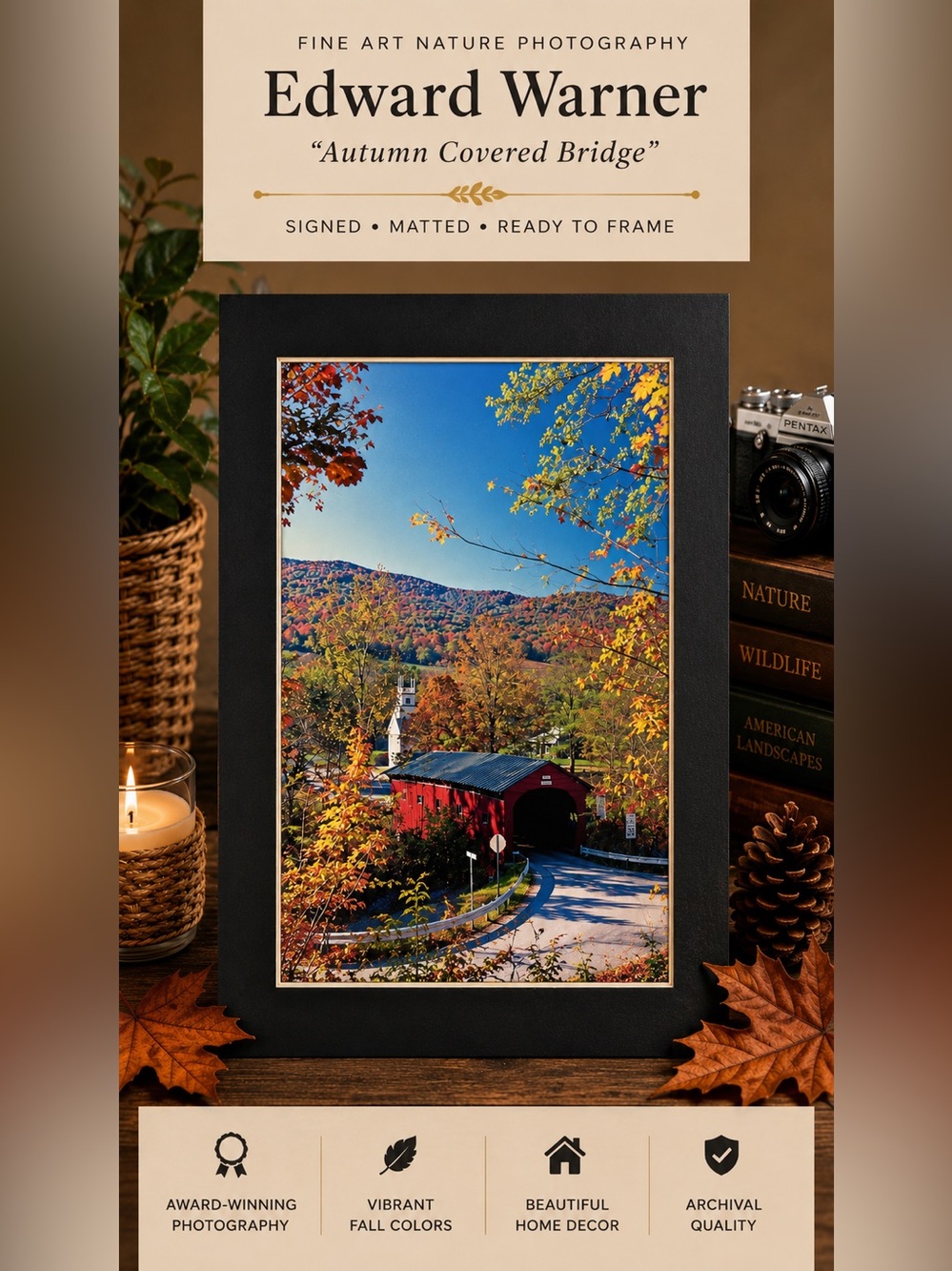 Fine Art Photography by Edward Warner “Autumn Covered Bridge” Signed, Matted